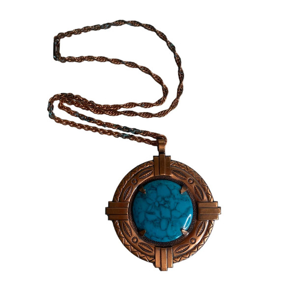 Vintage Bell Trading Post Solid Copper Necklace w/ Faux Turquoise Pendant Native - Picture 1 of 6